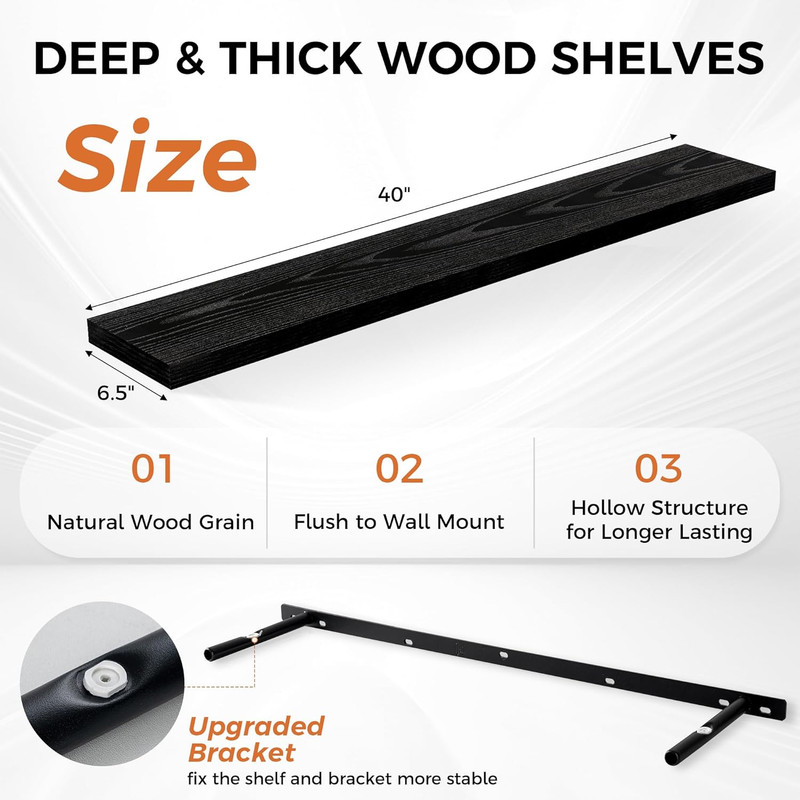 Rustic 40" Floating Wall Shelves with Invisible Brackets - Set of 2 (Black) gallery