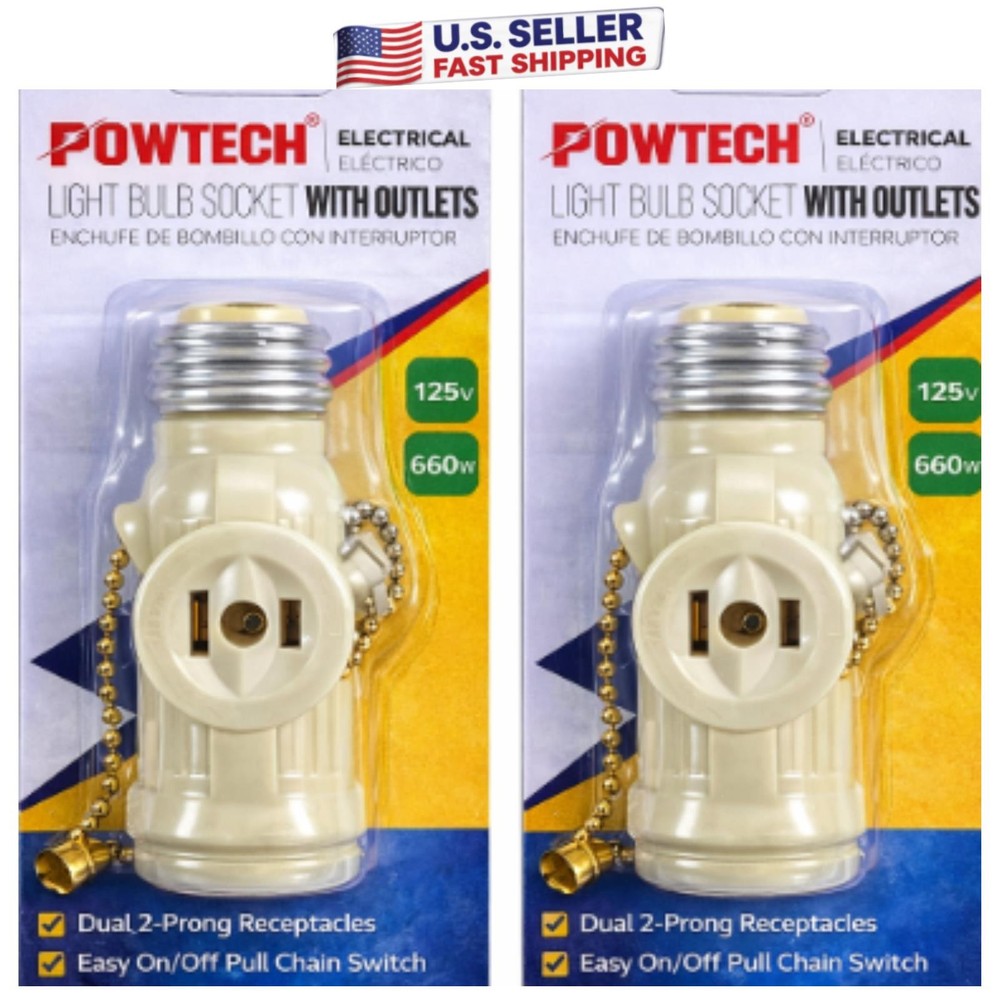 2 Pack Light Bulb Socket w Dual Outlet Adapter Pull Chain Switch 125V 660W
