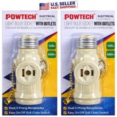 2 Pack Light Bulb Socket w Dual Outlet Adapter Pull Chain Switch 125V 660W
