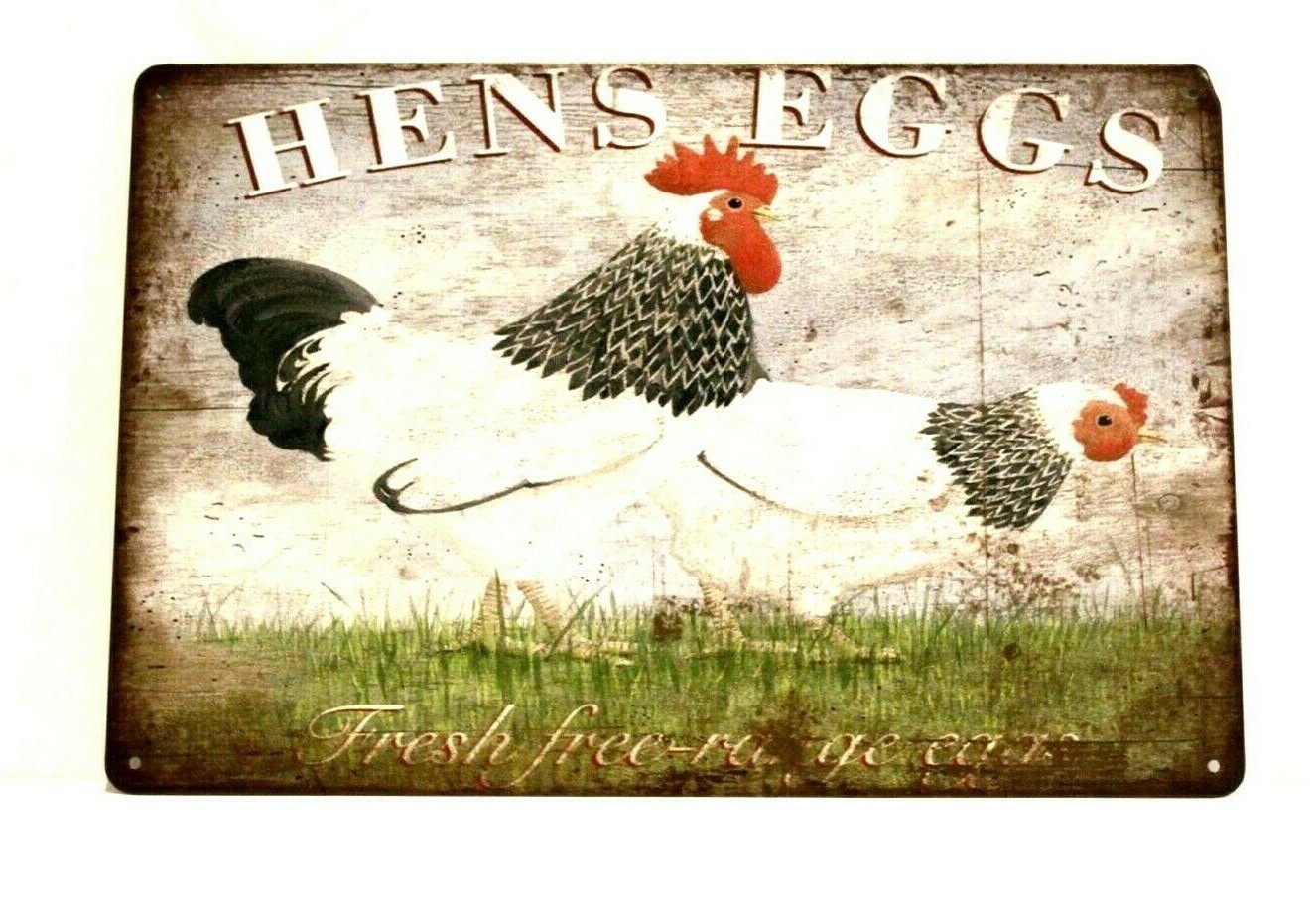 Hens Farm Fresh Eggs Tin Metal Sign Rustic Kitchen Home Market Shop Chickens gallery