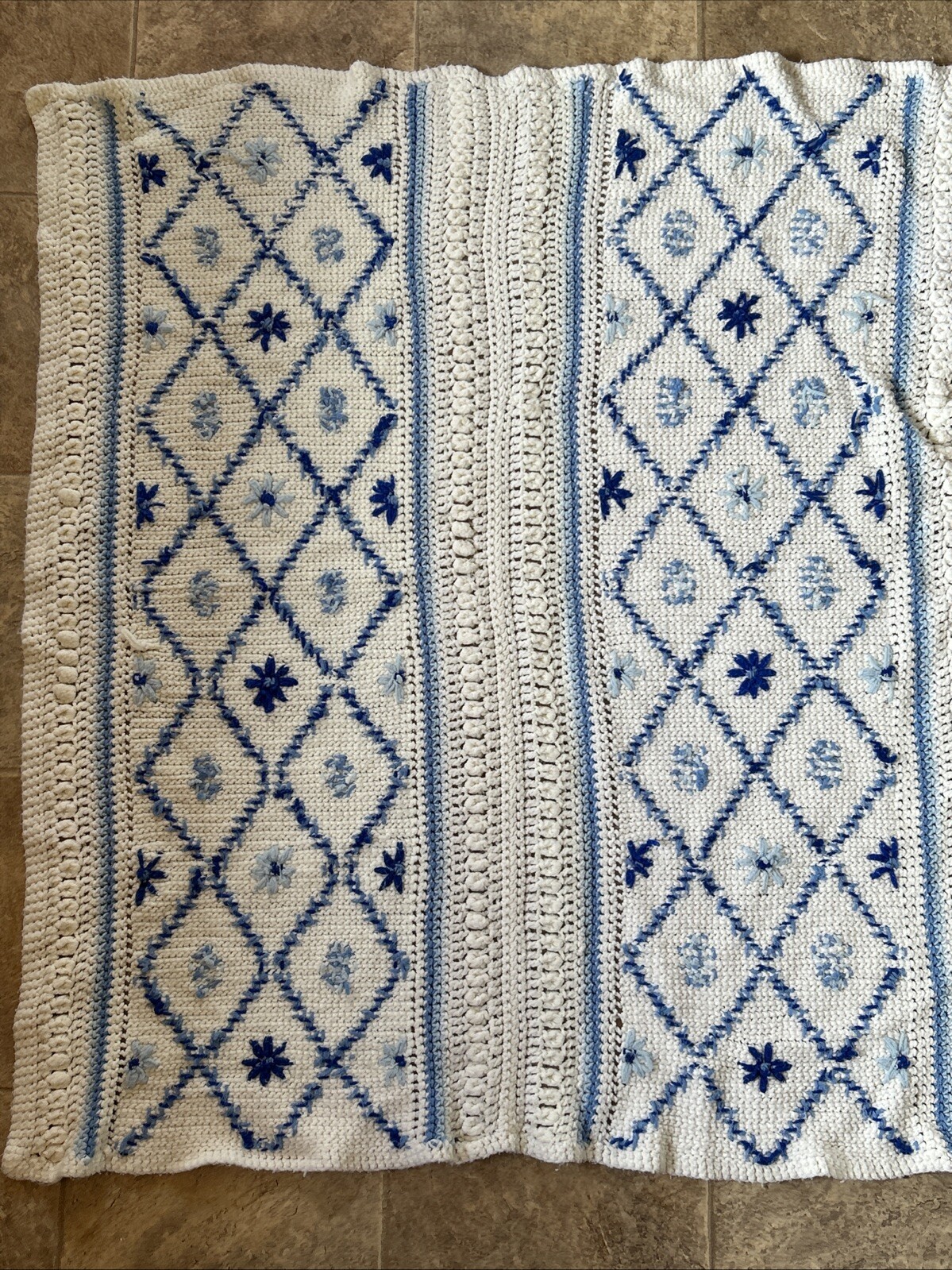 GrannyCore Blanket Throw 41 x 49” White Blues Flowers Baby Crochet Knit Diamonds gallery