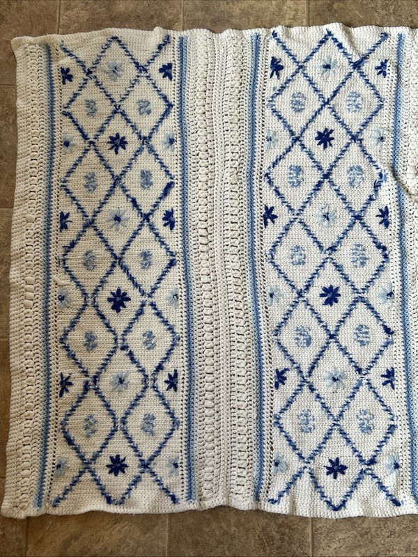 GrannyCore Blanket Throw 41 x 49” White Blues Flowers Baby Crochet Knit Diamonds gallery