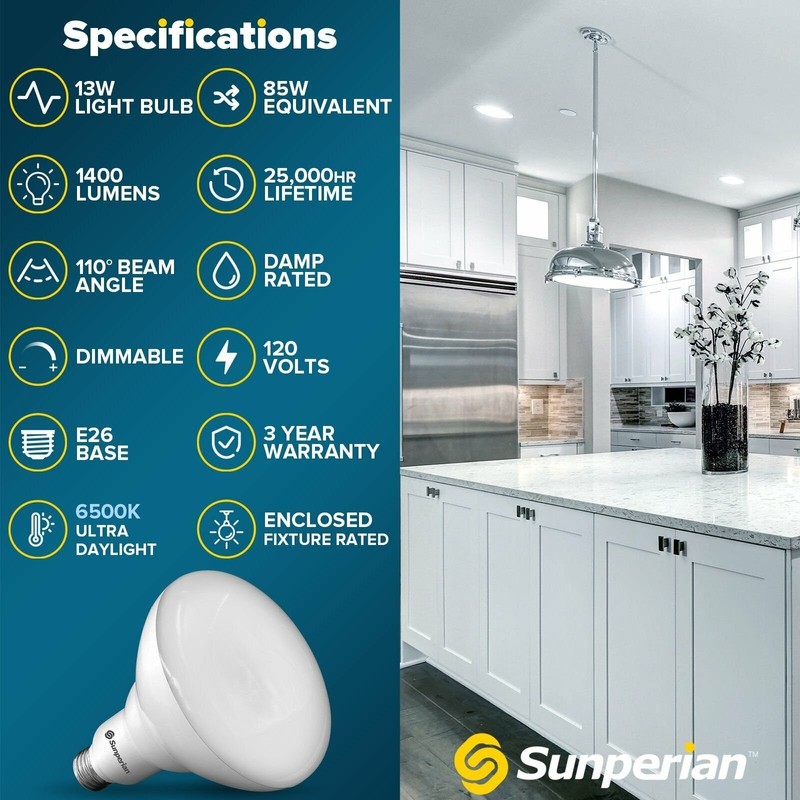 Sunperian 6 Pack BR40 LED Flood Light Bulb 13W 6500K Ultra Daylight 1400lm E26 gallery