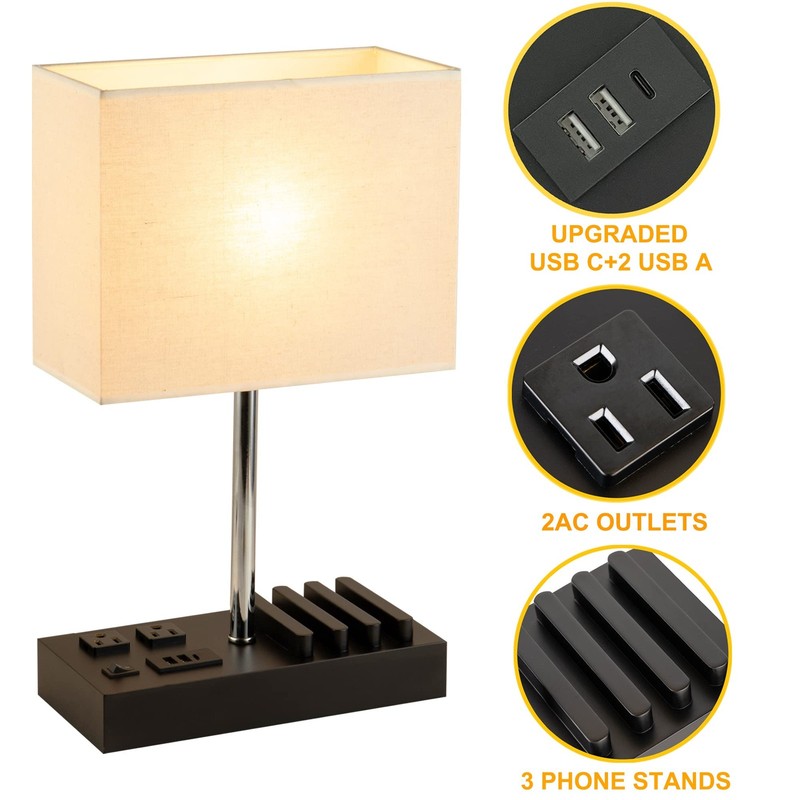 Upgraded 3 USB Table Lamp 2 USB A C Charging Ports 2 AC Outlets Phone Stand gallery