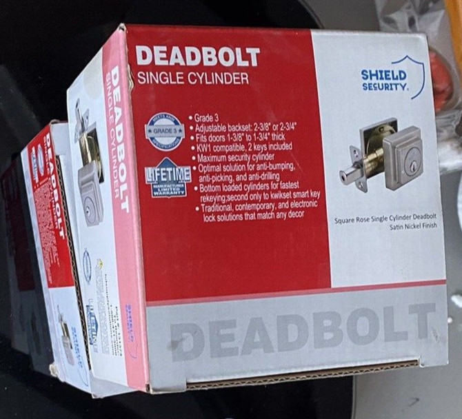 QTY 2- Shield Security Square Rose Single Cylinder Deadbolt Satin Nickel Finish gallery