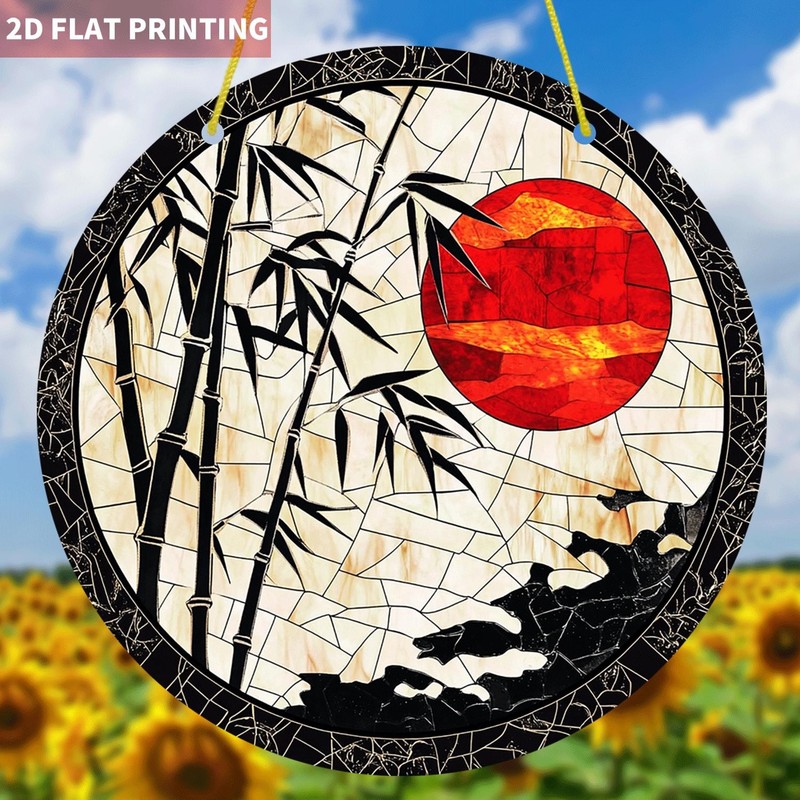 Oriental Bamboo Red Sun Pattern Acrylic Suncatcher Round Window Hanging Decor gallery