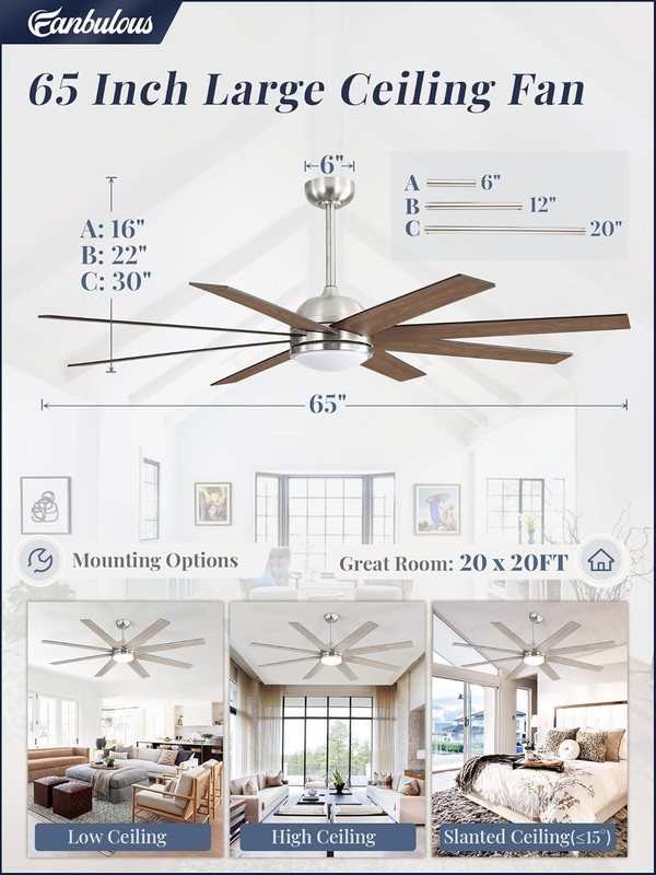 Large 65" Ceiling Fan with LED Light and Remote – Brushed Nickel DC Motor gallery