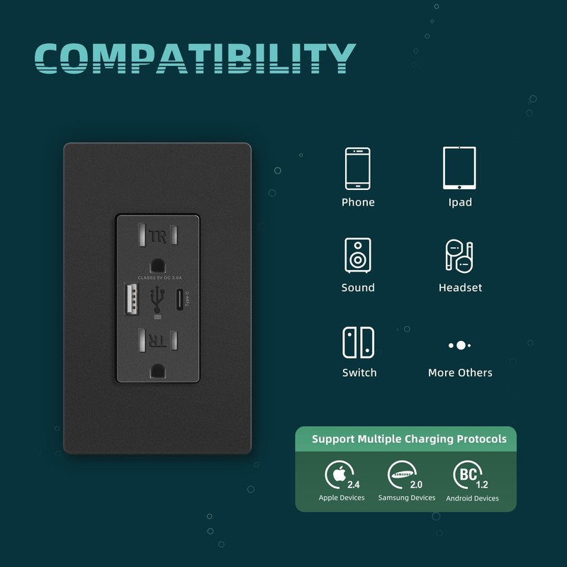 Black USB Wall Outlets, 4.8A USB Wall Receptacle with Type A & Type C Ports, Dup gallery