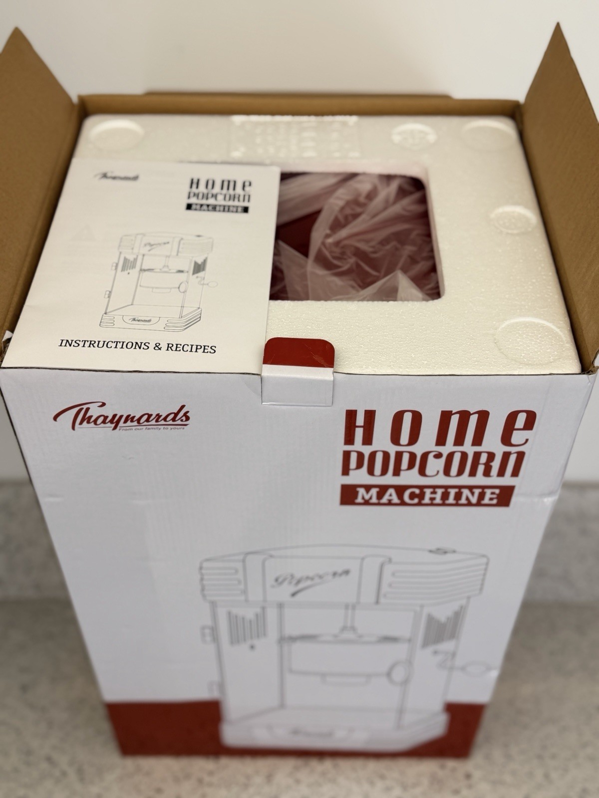 Thaynards Kettle Popcorn Maker With Lid Plug-In Red White Plastic Metal 19in gallery