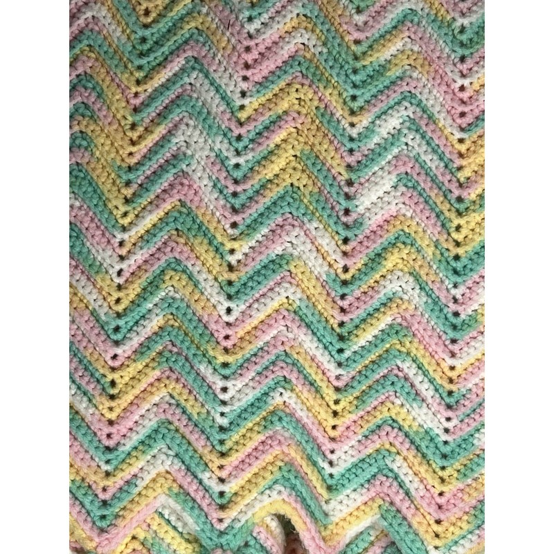 Handmade Crochet Chevron Throw Blanket Pastel Pink Yellow Green Zig Zag Tassels gallery