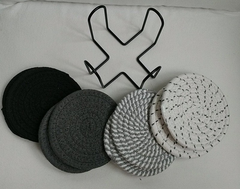 Drink Coaster Set 8 Piece With Holder Round Woven Cotton Black Grey White gallery