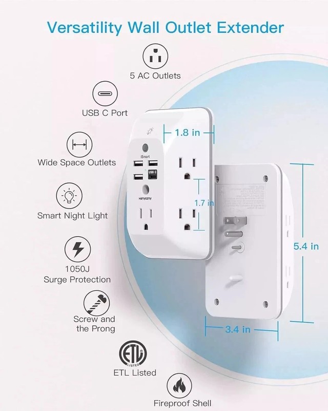 Outlet Extender with Night Light, Multi Plug Outlet, USB Wall Charger Surge Prot gallery