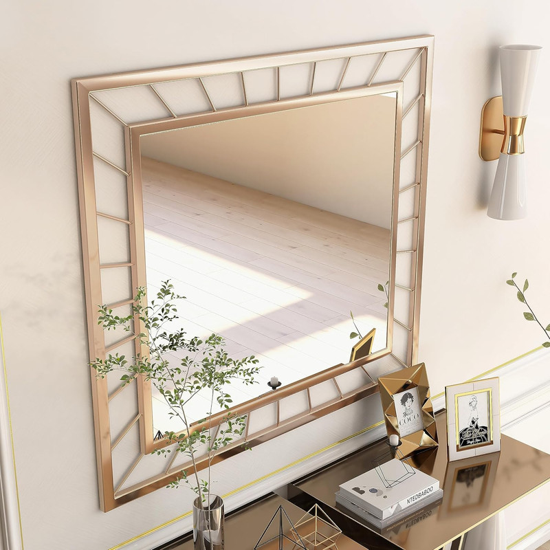 Glam Gold Rectangle Wall Mirror with Decorative Lines for Any Room gallery
