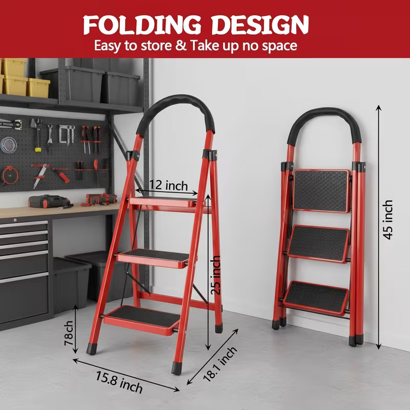 Heavy Duty Folding Step Ladder w/ Handrail Anti-Slip Steel Red/Black gallery