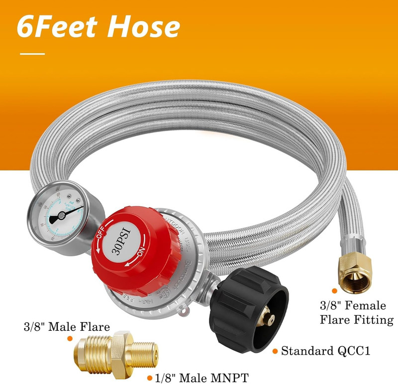 6FT 0-30 PSI Adjustable High Pressure Propane Regulator with 0~60PSI Gauge Gas F gallery