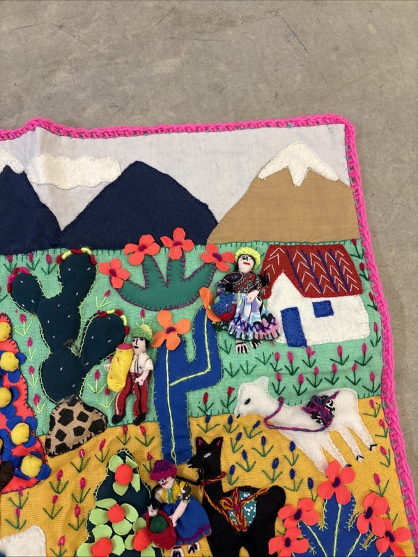Handmade Peruvian Arpillera 3D Applique Wall Hanging 18x19 Andean Village Scene gallery