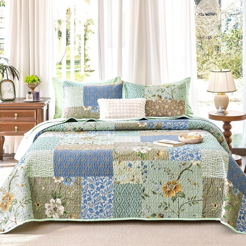 - Patchwork Quilt Set, Boho Floral Country Farmhouse Cottage Vintage Flower Patt gallery