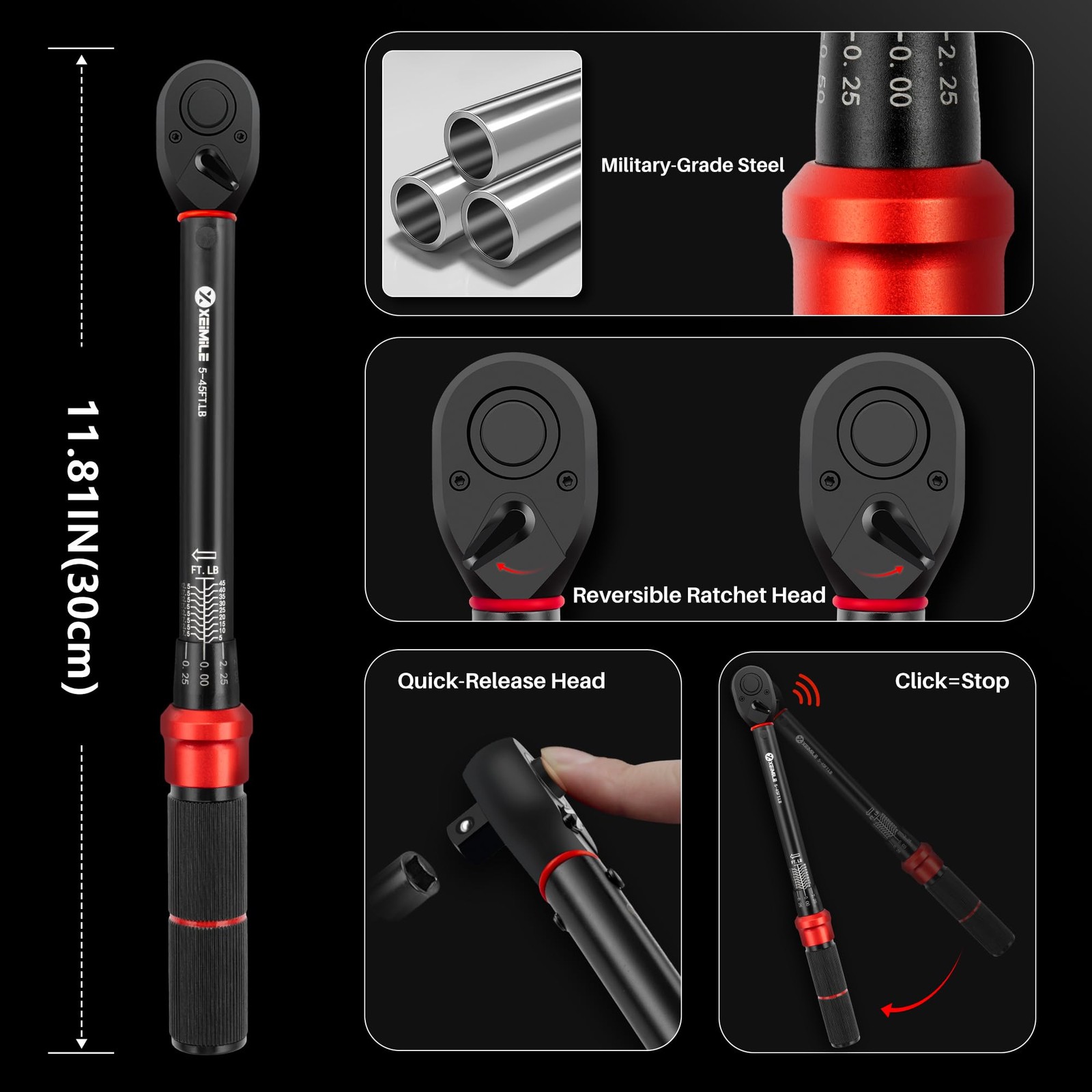 XEIMILE 3/8" 5-45 Ft-Lb Adjustable Click Torque Wrench (6.8-61Nm), 3% 72T. gallery