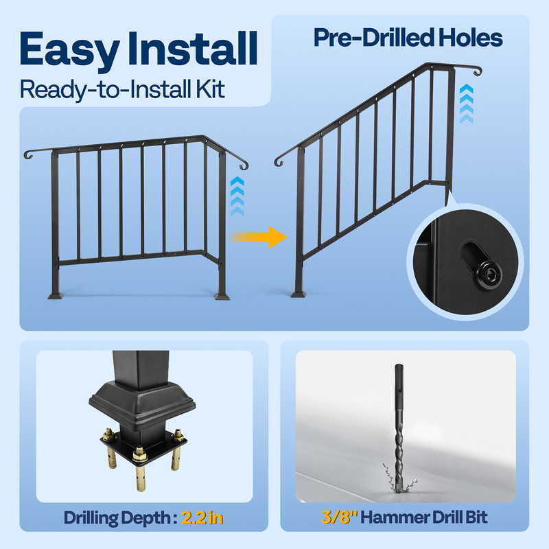 2-Pack 4 Step Hand Rails for Outdoor Steps Wrought Iron Railing for Porch Deck gallery