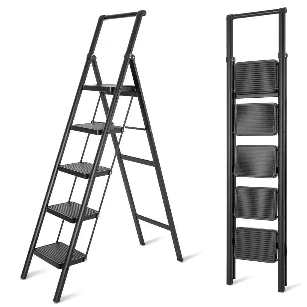 Black Metal Foldable Non-Slip 5-Step Ladder 5 Ft. Reach, Load-Bearing 330 Lbs., gallery