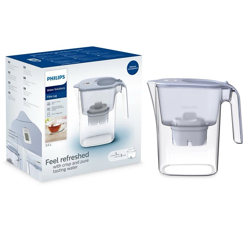 Philips 3.0L Filter Jug, Microplastics Removal, Clear White Plastic, Household gallery