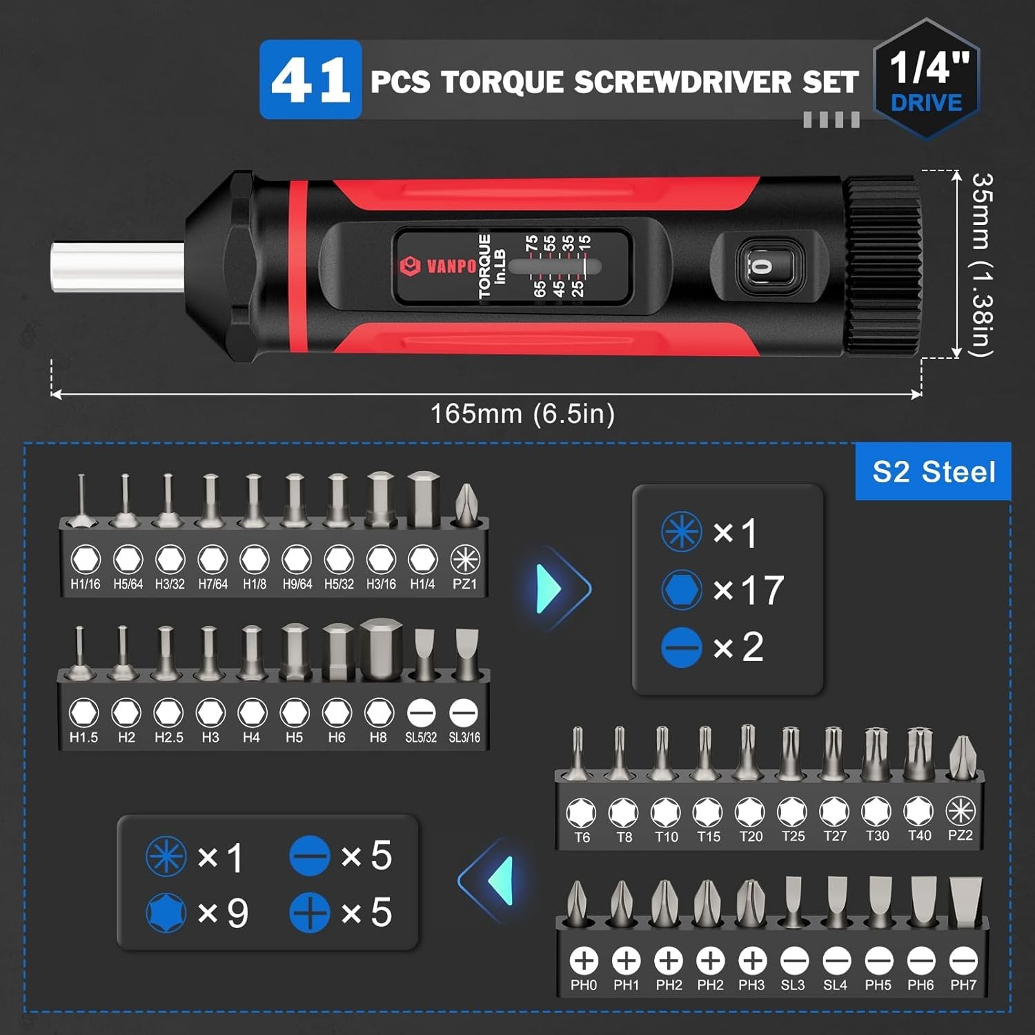 Torque Screwdriver 15-75In-lb Torque Screw Driver Wrench Driver Set 1/4'' Drive gallery