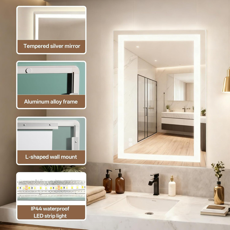 Dimmable LED Bathroom Mirror 24x36 Inch with Anti-Fog and Gradient Lighting gallery