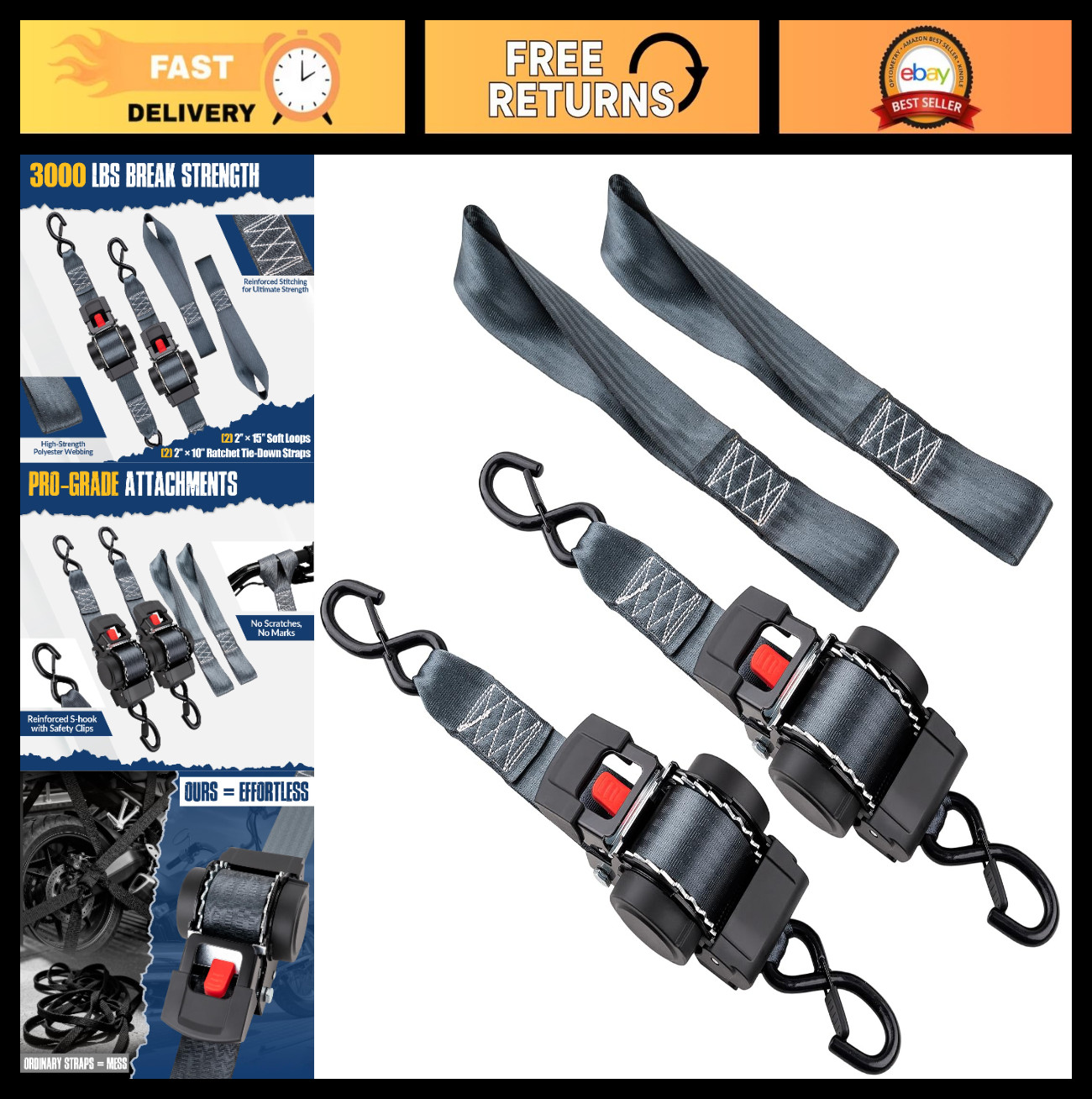 2 Pack Heavy-Duty 2" x 10' Ratcheting Tie-Down Straps, 3,000lbs Break Strength, gallery