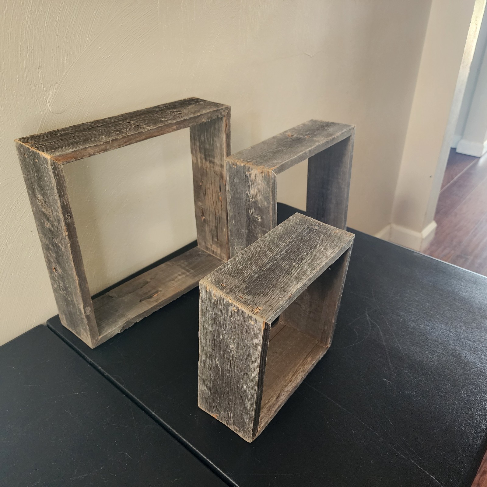 Set of Three Rustic Floating Reclaimed Wood Shadow Box Shelves gallery
