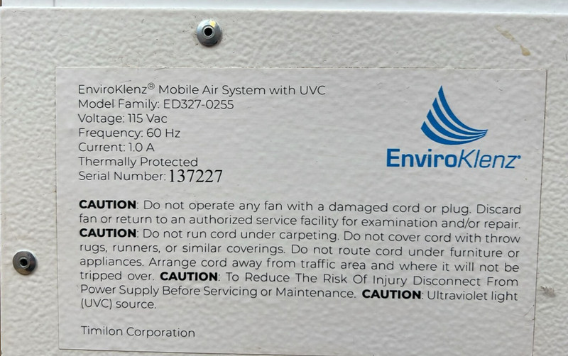 Enviroklenz Mobile Air System Plus with UVC HEPA Filter, 115V, 60HZ, P/N 137227 gallery