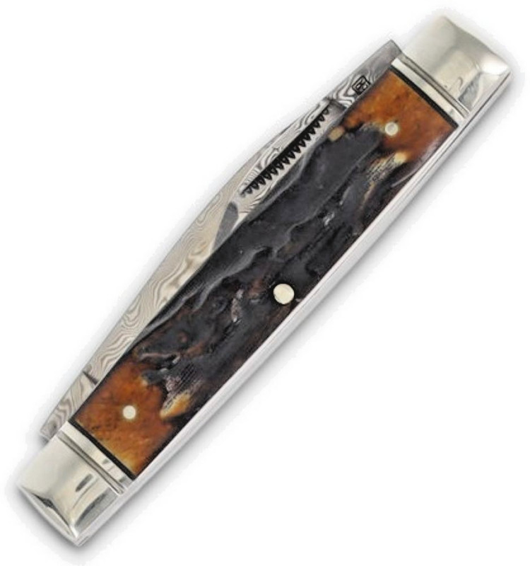 Cinnamon Stag Bone Handle Capitol Intern Damascus Blade Folding Pocket Knife gallery