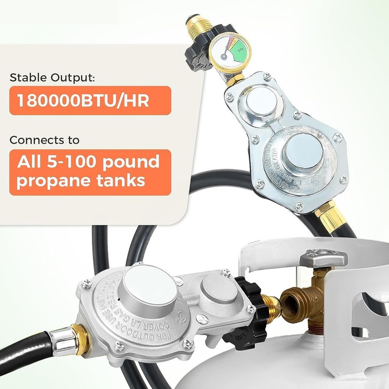 Two Stage Propane Regulator with 5FT Hose and Gauge Fits 5-100 lb Propane Tanks gallery