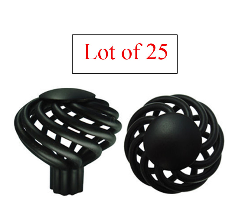 25 Matte Black Birdcage Kitchen Bathroom Cabinet Knob 1 3/8" pull House Guard gallery