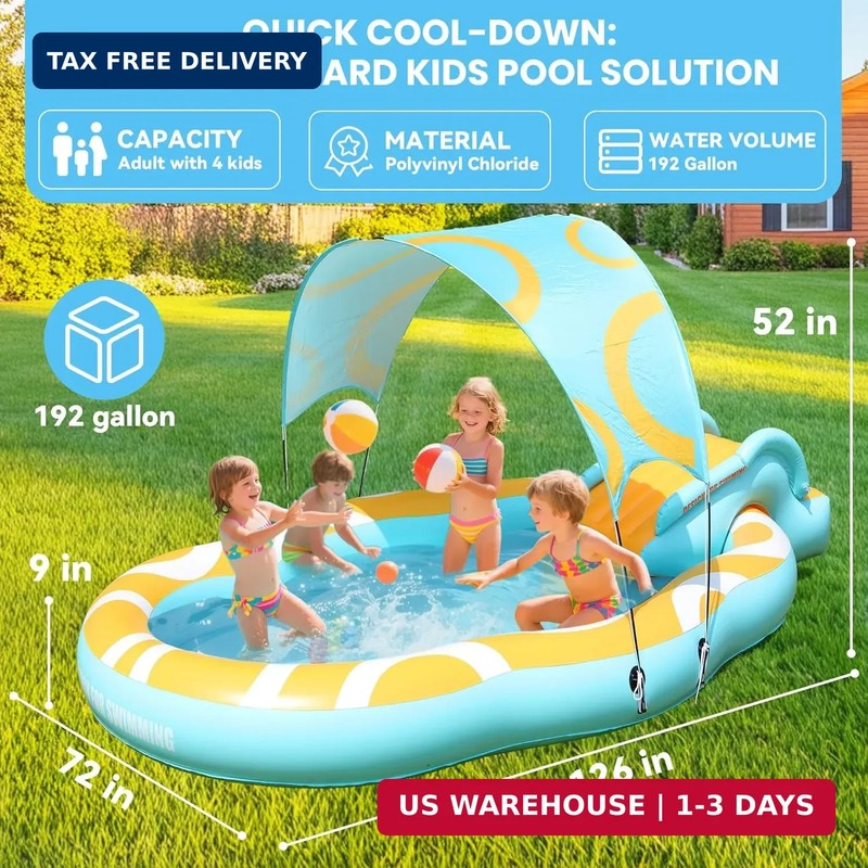 Kiddie Pool with Slide and Canopy, Inflatable Kids Pool with Slide Large Durable gallery