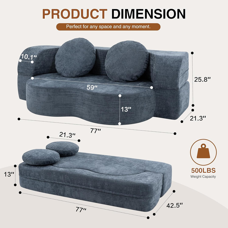 78" Convertible Sofa Bed - 2-in-1 Memory Foam Futon with Pillows, Blue gallery