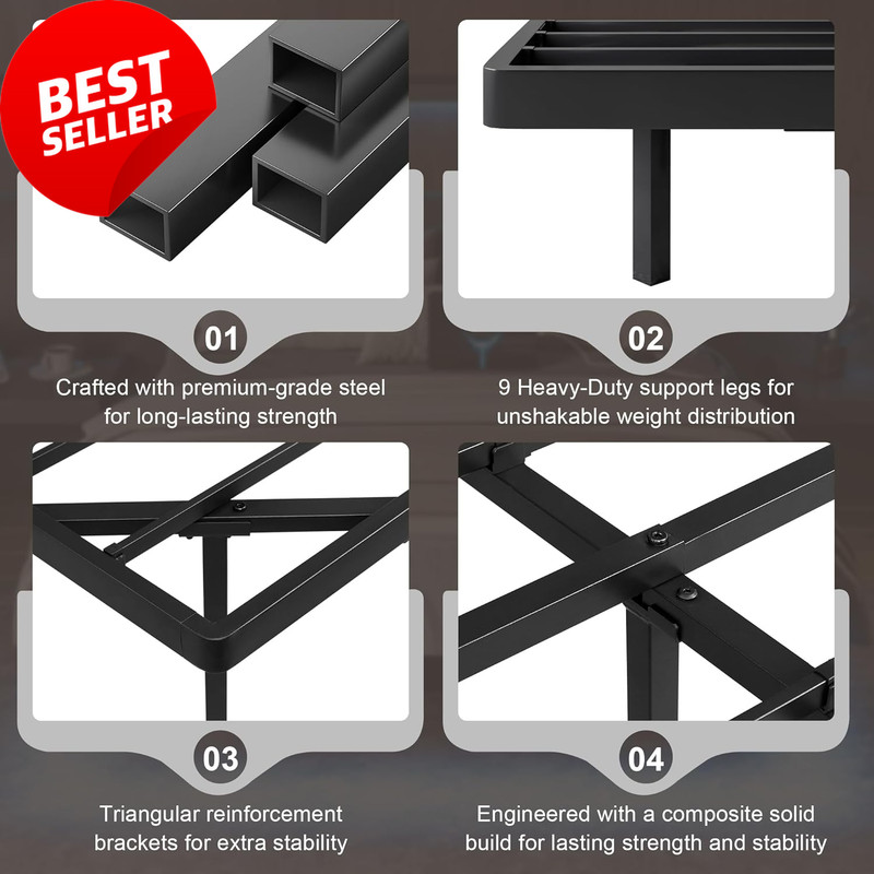 Full Size Floating Bed Frame with LED Lights & Charging Station, Black Metal gallery