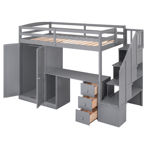 Twin Size Loft Bed with Wardrobe Staircase & Computer Desk Bedroom Sets Kids Bed gallery