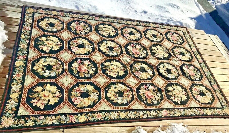 FLORAL GEOMETRIC PANEL NEEDLEPOINT AUBUSSON WOOL RUG FLOWERS BLACK & IVORY 6 X 9 gallery