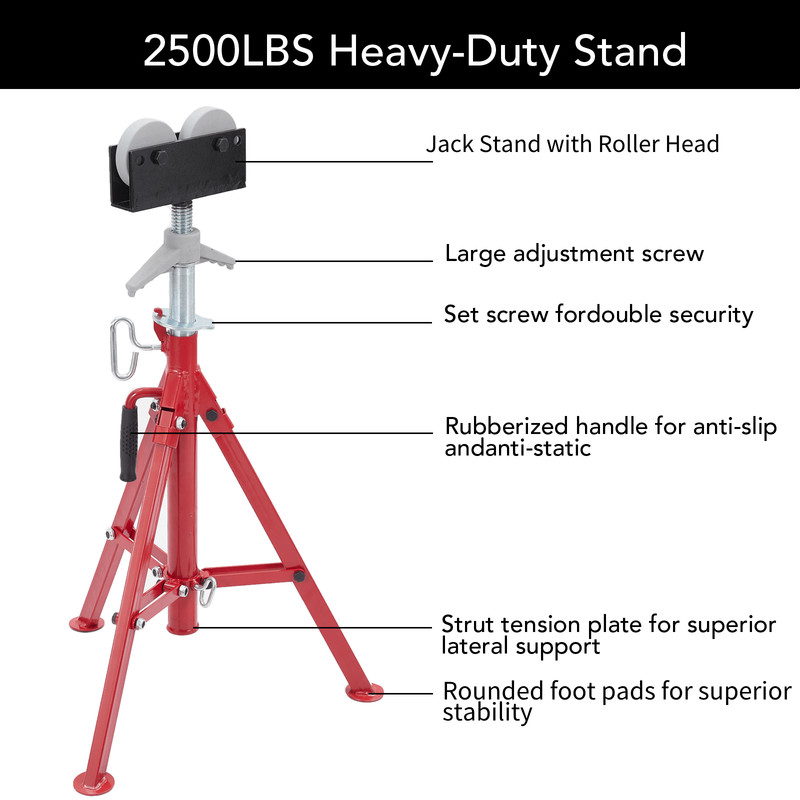 Portable Roller Tripod Pipe Jack Stand Adjustable Height 28-52" 1/8"-12" 2500LBS gallery