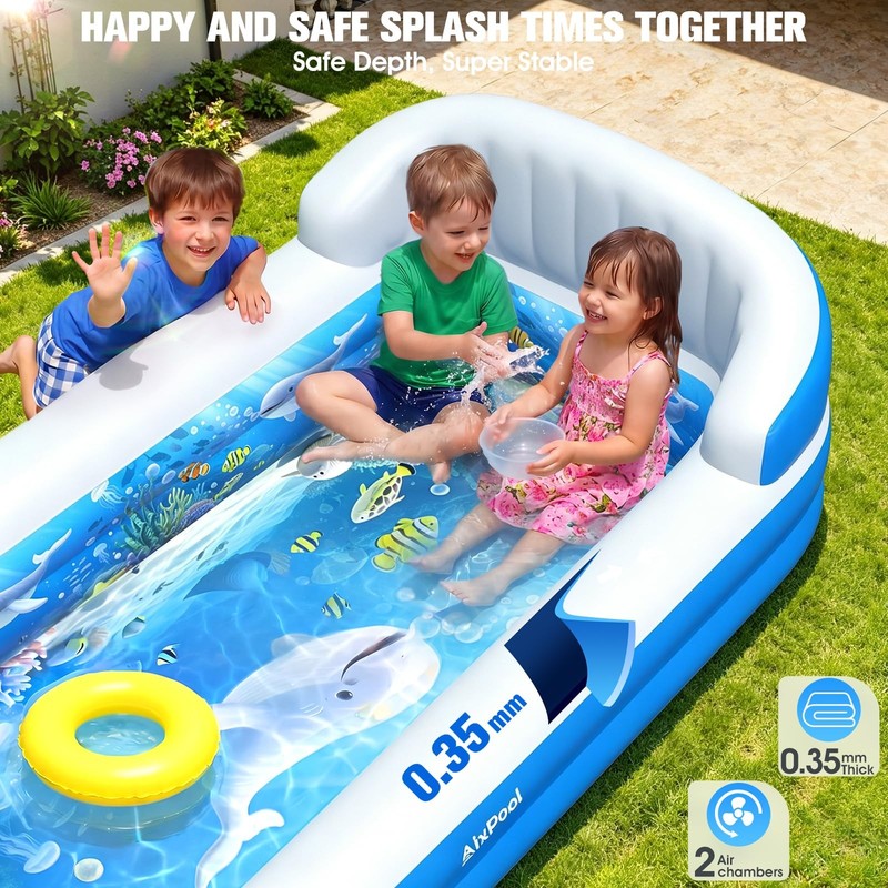 AixPool Inflatable Pool with Sprinkler & Backrest, Kid Kiddie Water Pool 71" gallery