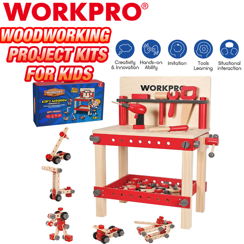 WORKPRO Wooden Workbench Kit 70PC Kid Tool Bench Building Toy Set for Toddler 3+ gallery