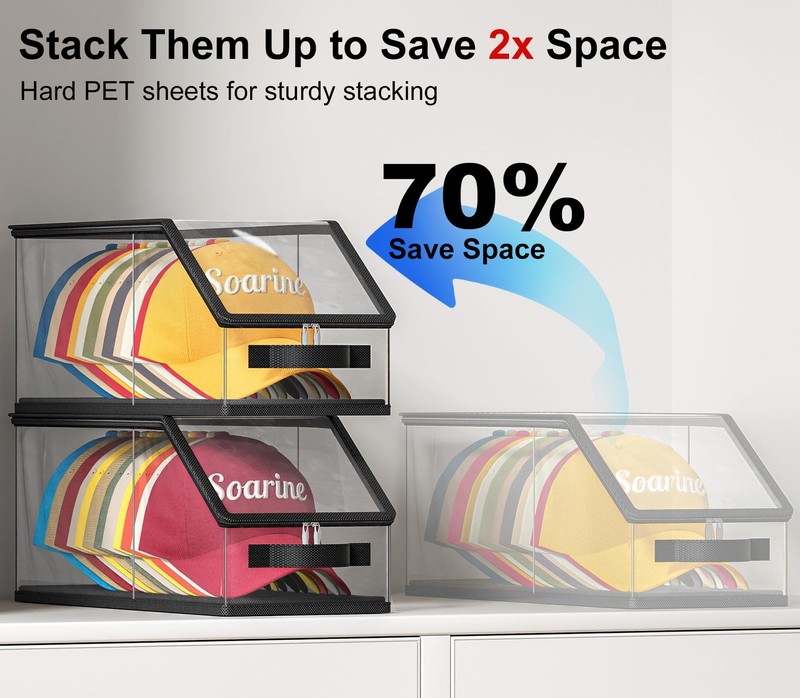 2 Pack Stackable Hat Storage Box Clear Closet Hat Organizer for Baseball Cap gallery