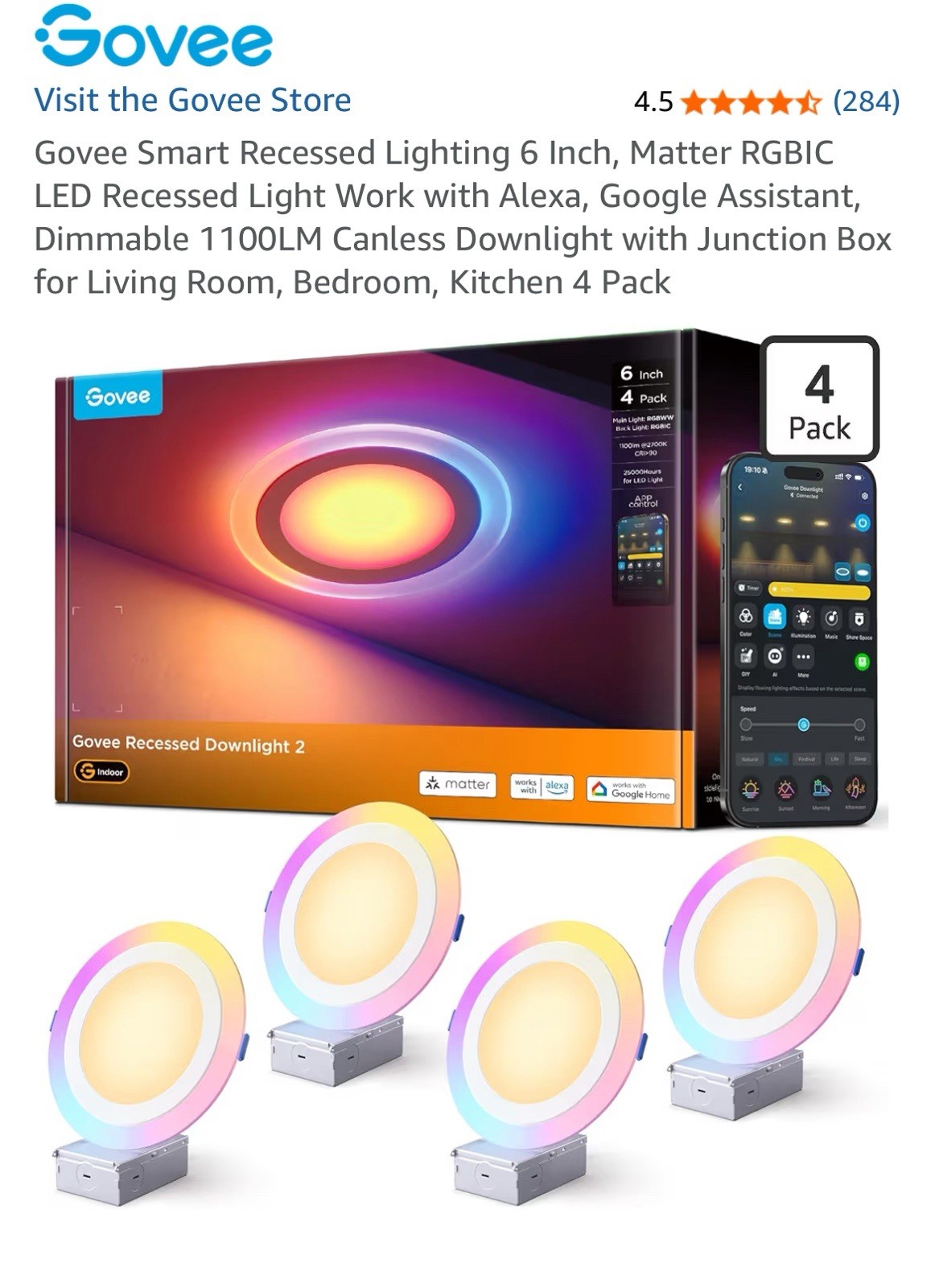 Govee Smart Recessed Lighting 6 Inch, Matter RGBIC LED Recessed Light 4 Pack gallery