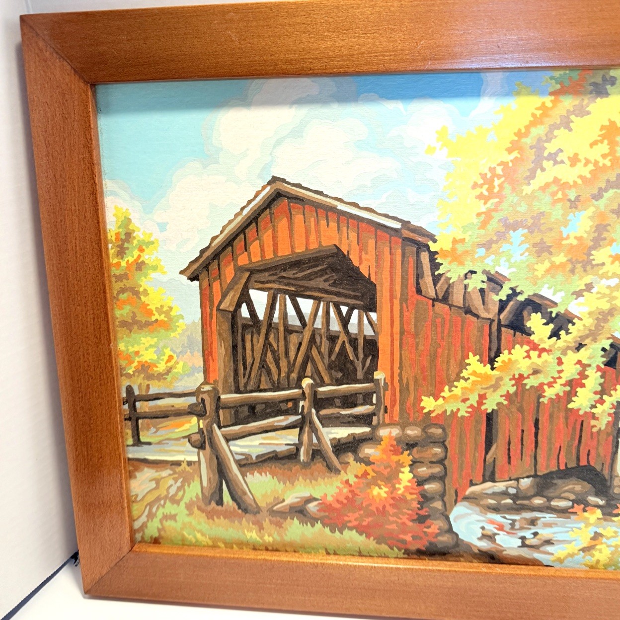 Paint By Numbers PBN Covered Bridge Scene Framed Size Approx 17.5 x 13 gallery