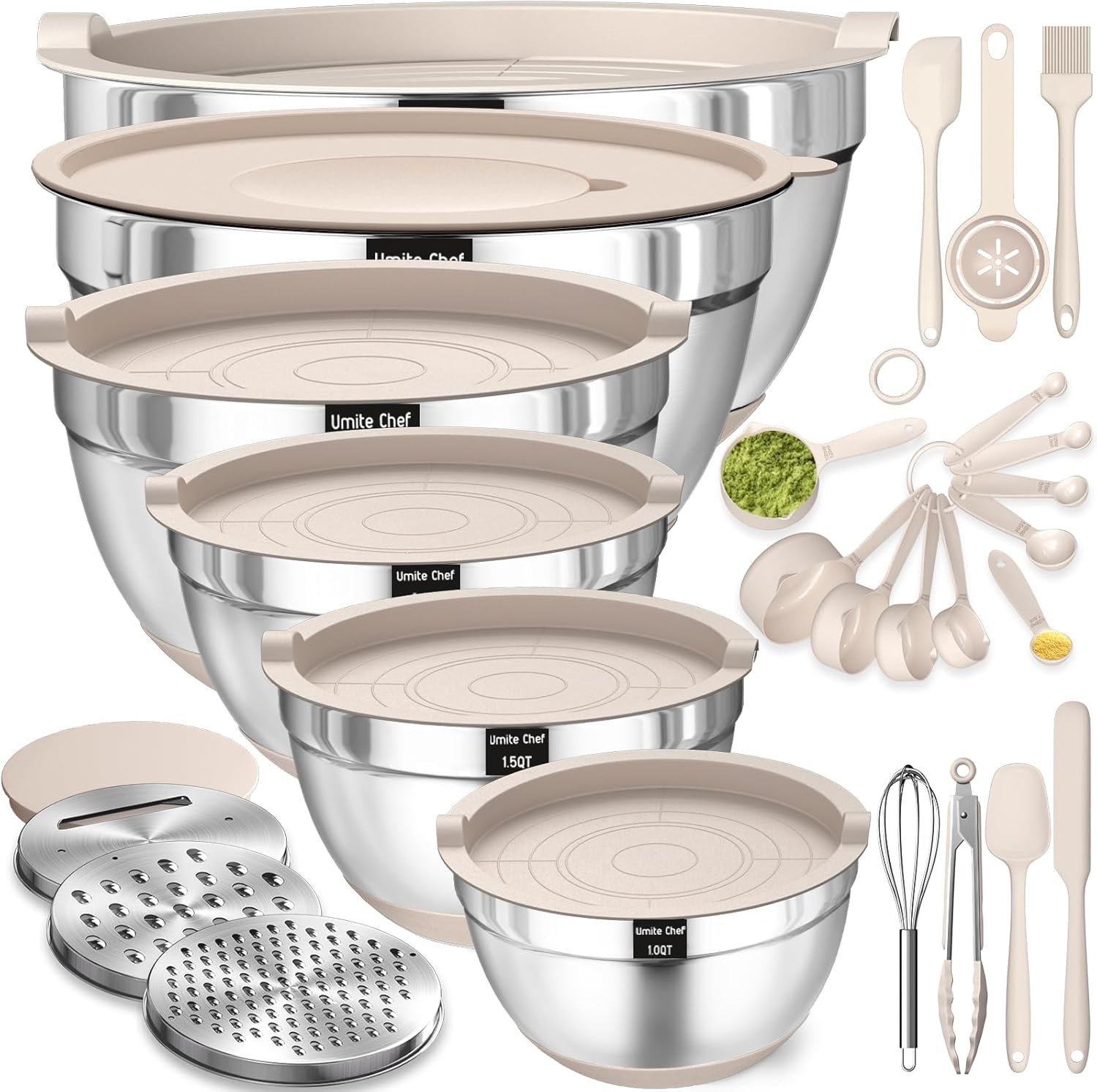 Mixing Bowls with Airtight Lids Set, 26PCS Stainless Steel Khaki Bowls with Grat gallery