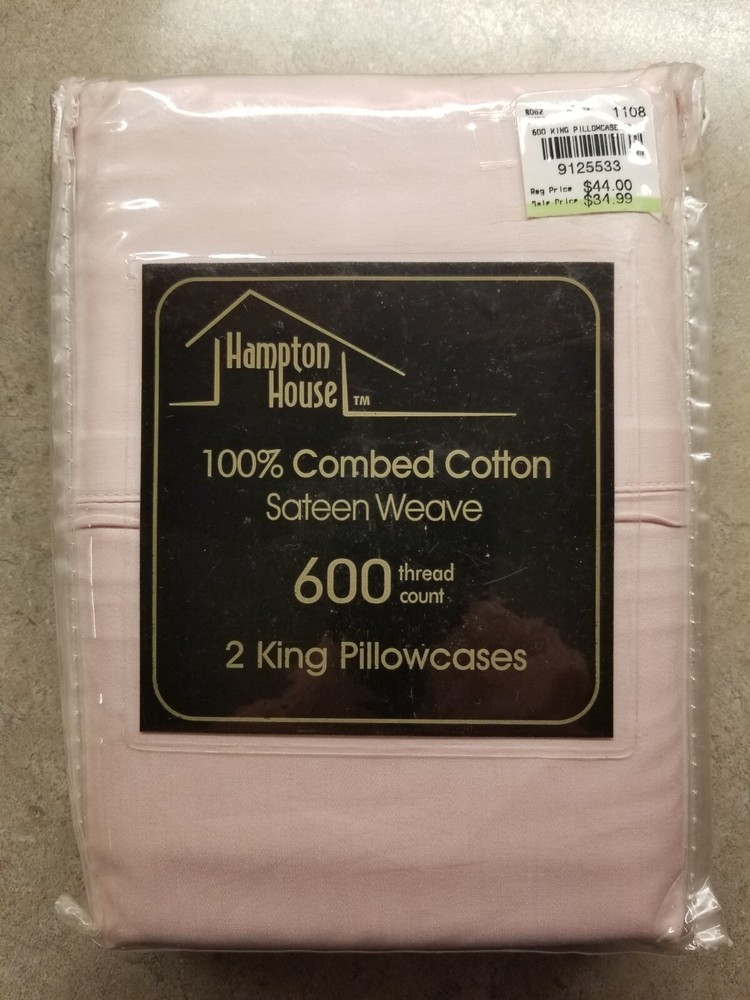 NEW $44 Hampton House - 2 King Pillow Cases 600 TC Lt. Pink 100% Cotton Sateen