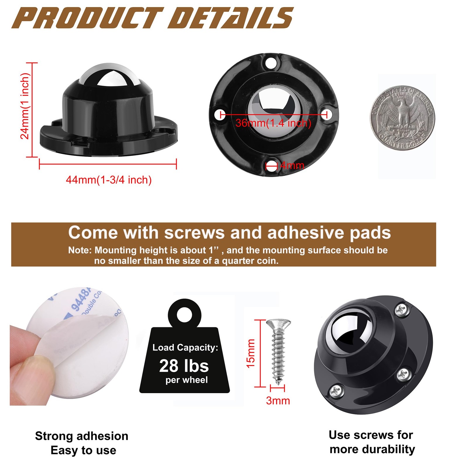 1 Inch Self Adhesive Caster Wheels Kitchen Appliance Rollers 28LBS 4 PCS gallery