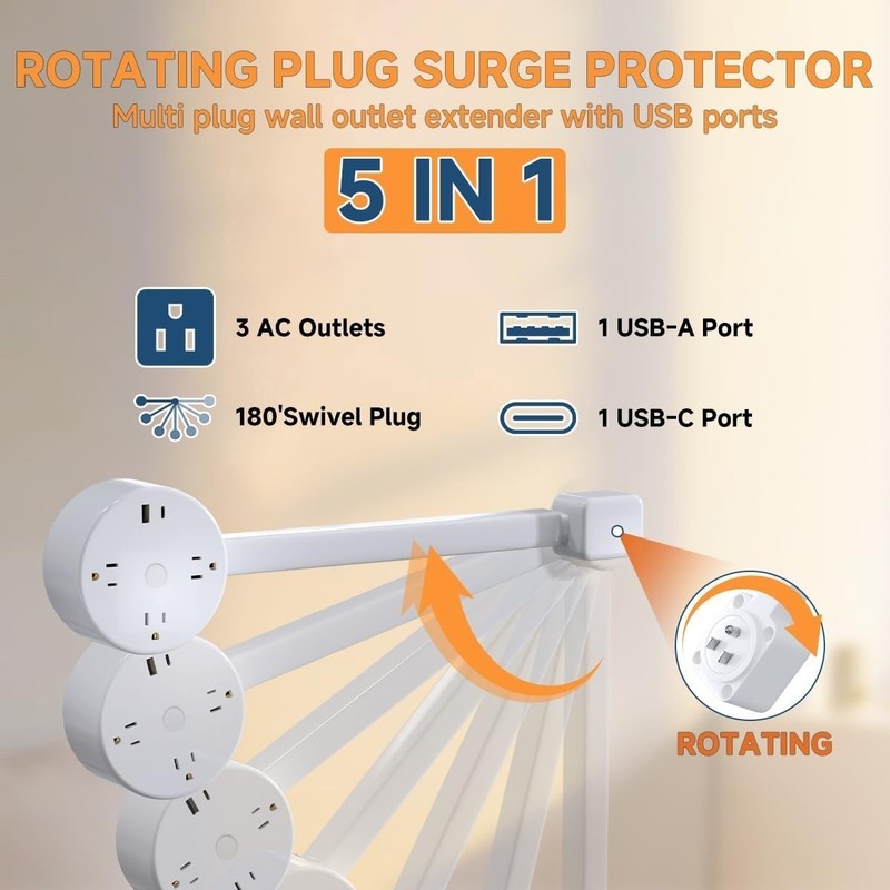 Round Electrical Outlet Expander Power Socket Rotating Extender Nightstands Desk gallery