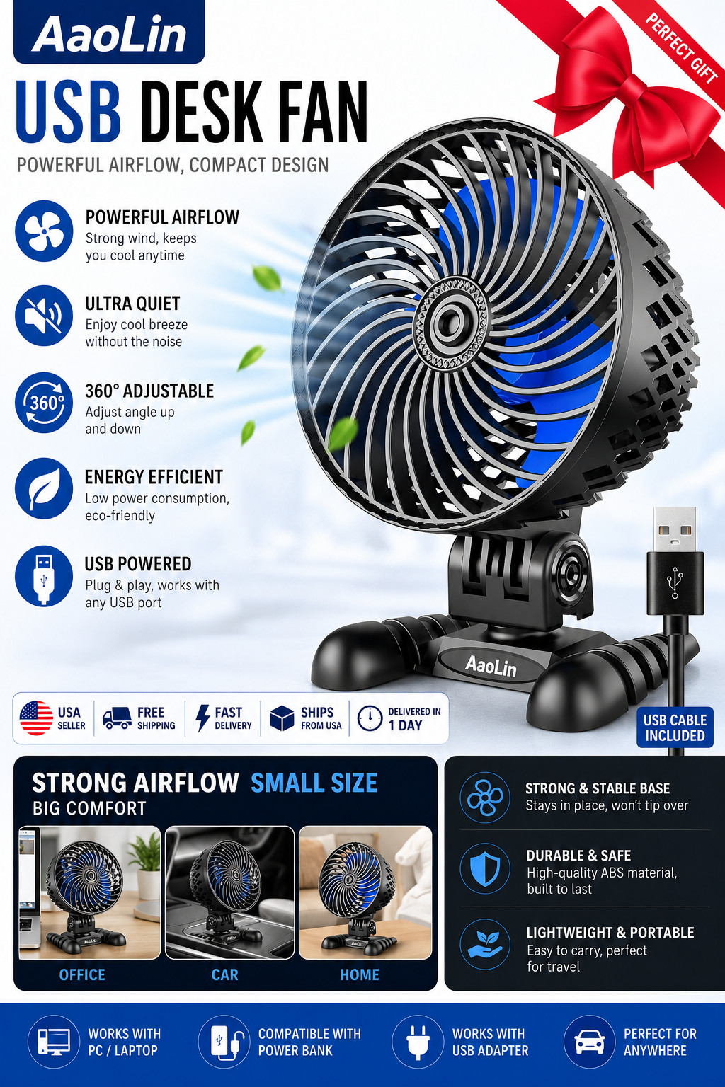 USB Desktop Small Fan, Stepless Speed Adjustment with Multiple Speed Levels, Por gallery