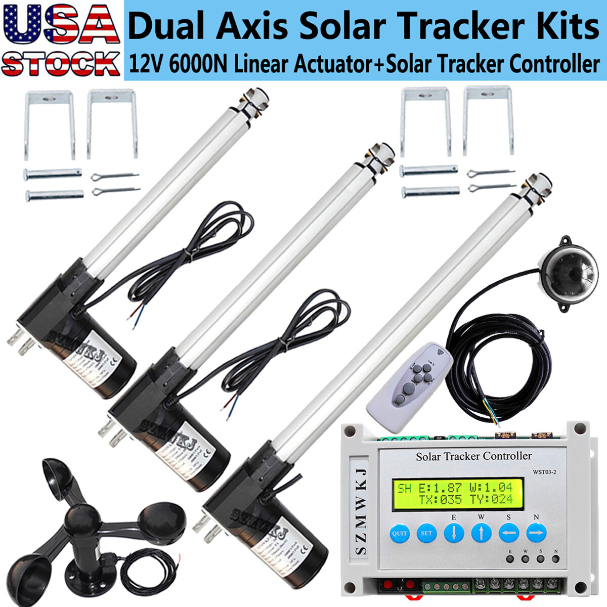 6000N Dual Axis Solar Panel Tracker Controller W/ Linear Actuator Anemometer Kit gallery